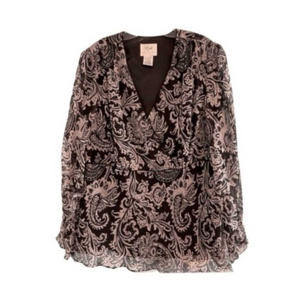 Vision Apparel Silk Beaded‎ Blouse Black White Paisley Print Ruffle V-Neck 2X